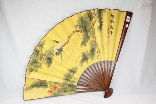 Large Japanese Bamboo Wall Fan, the paper leaf painted with a scene of Cranes in Trees, 64cms high