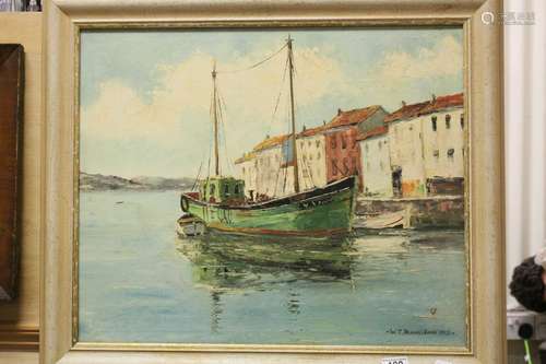 W.T. Brocklebank, oil on canvas, fishing boat in a harbour, signed and dated 1952