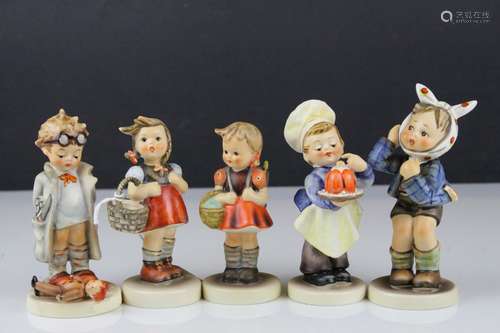 Five Goebel Hummel Figures including Baker, Boy with Toothache, Doctor, Little Shopper and School