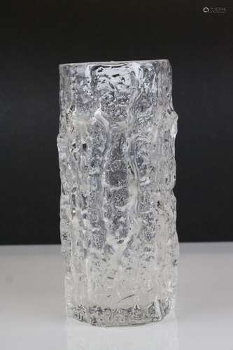 Whitefriars Cylindrical Clear Glass Vase with Textured Bark Pattern finish, 9