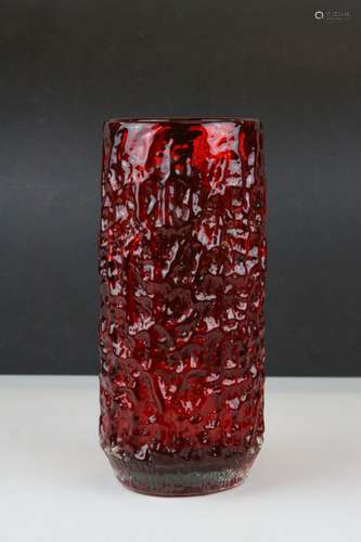 Whitefriars Cylindrical Ruby Red Glass Vase with Textured Bark Pattern finish, tapered base