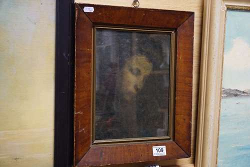 19th century oil painting, portrait of a pensive lady in mahogany frame, 27.5 x 20.5cm