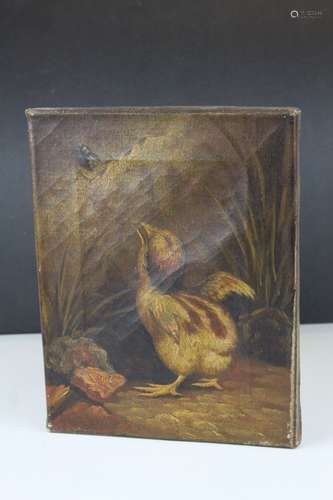 Small Antique Oil on Canvas of a Chicken and a Fly, 20cms x 25cms, unframed