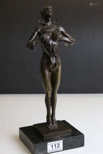 Erotic Bronze Figure of a Semi-Naked Woman on Slate Plinth, 35cms high