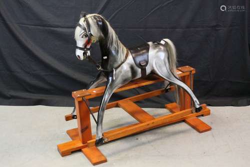 Fibreglass Grey Rocking Horse with Leather Bridle and Saddle, Horse Hair Mane & Tail, raised on a