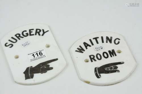 Pair of Porcelain Door Signs for Waiting Room and Surgery