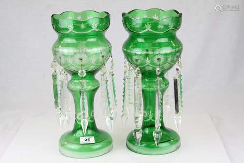 Pair of Victorian Cut Green Glass Table Lustres each with Eight Clear Glass Lustre Drops, 37cms