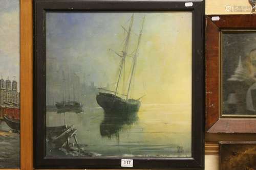 20th century, oil on board, coastal scene with sailboats at anchor, signed front and verso, 49 x