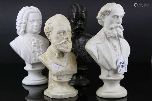 Four Busts including Three Parian Ware Style of Bach, Dickens and one other plus a Bust of Lord