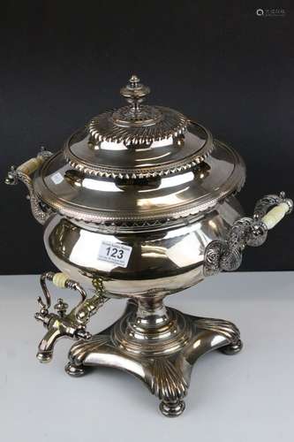 19th century Silver Plated Tea Urn and Cover with Turned Ivory Handles, stamped RL, 42cms high