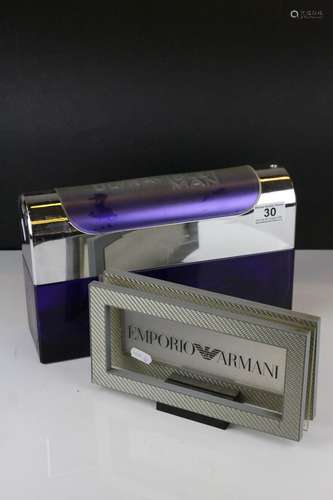 Two Designer Shop Display Signs / Units - Paco Rabanne Ultraviolet Man, 31cms long and Emporio