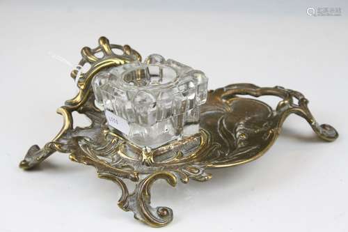 Rococo Style Brass Standish with Single Glass Inkwell, 20cms long