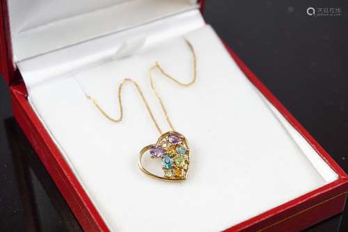 9ct Gold and Multi-Gem Set Open Heart Shaped Pendant, 15mm x 15mm on a fine link chain