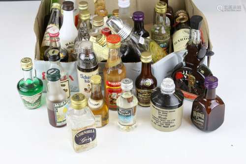 Box of approx 35 miniature spirits to include; gin, amaretto, Archers etc