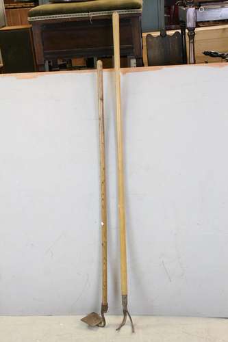 Two Vintage Garden Tools with Long Turned Wooden Handles - Hoe and a Weeder, largest 158cms high