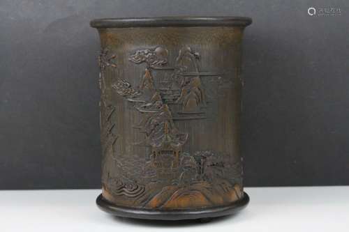 Chinese Hardwood Brush Pot intricately carved with a Temple Scene, 18.5cms high