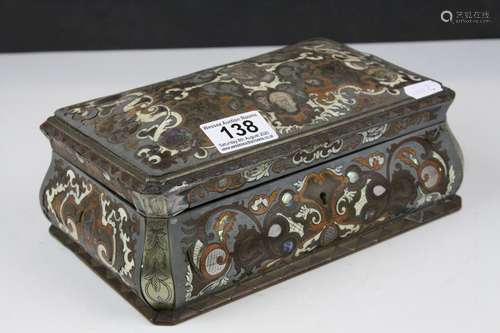 19th century Casket with Brass and Metal Mounts and Inlaid with Bone and Mother of Pearl, 24cms