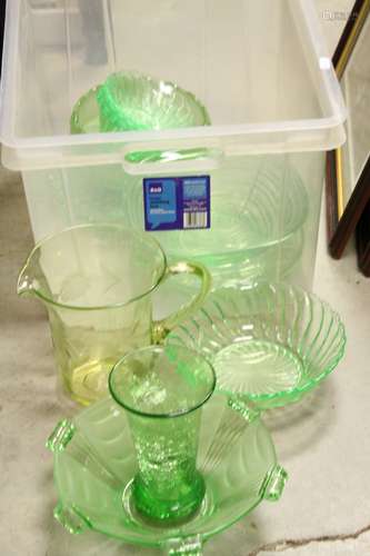 Collection of Green Uranium Glass including Large Jug, Four Fruit Bowls, Two Cake Stands, Vase and