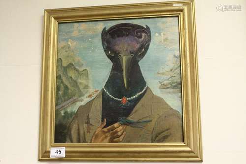 English School, mid 20th century, oil on board, surrealist portrait 'Birdman', label verso, 32 x