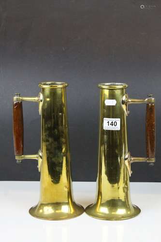 Pair of World War I Trench Art Brass Shells formed into Tankards with Arts & Crafts Oak Handles,