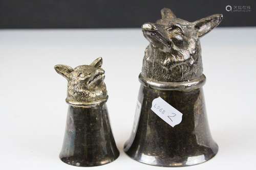 Two White Metal ' Fox Head ' Stirrup Cups, 10cms and 7cms high