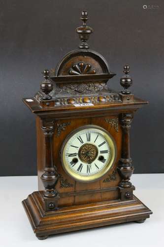 Late Victorian Eight Day Oak Cased Mantle Clock, the white enamel dial with Roman Numerals, 46cms