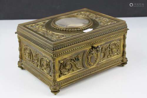 Mid 19th century French Gilt Metal Casket, the hinged lid inset with a signed painted portrait of