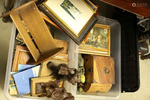 Two Large Tubs of Mixed Collectables including Carved Wooden Figures, Boxes, Cased Cutlery Sets,