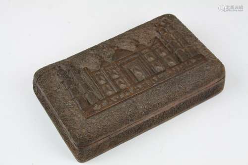 A 20th Century Anglo-Indian camphor wood box with carved decoration of the Taj Mahal to lid