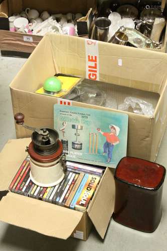 Mixed Lot including Coffee Grinder, Plastic Chinese Box Pillow, Glassware, CD's, etc