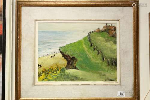 1937 oil on canvas, coastal scene with figures at Walcott, Norfolk, signed and label verso, 30.5 x