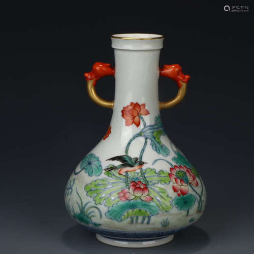 A Chinese Gilt Floral Porcelain Double-eared Vase