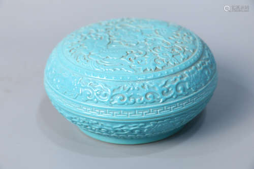 A Chinese Carved Peacock Blue Porcelain Box