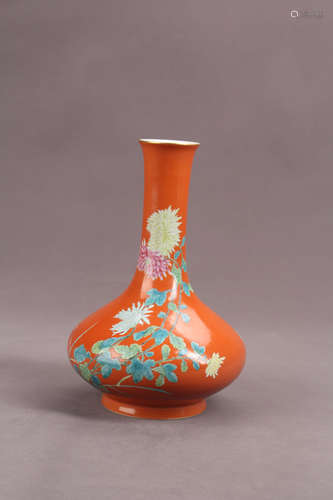 A Chinese Coral Red Floral Porcelain Flask