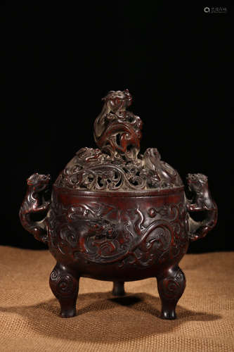 A Chinese Red Sandalwood Three-legged Incense Burner