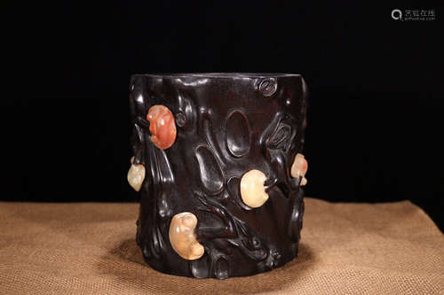 A Chinese Red Sandalwood Brush Pot Inlaid with Shoushan Stone