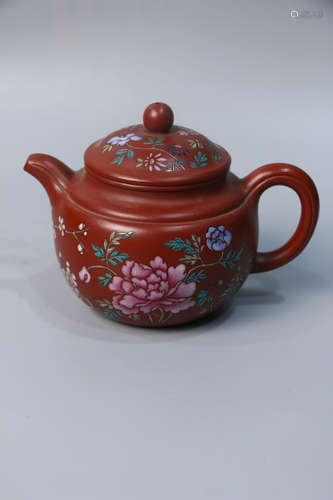 A Chinese Enamel Floral Red Clay Pot