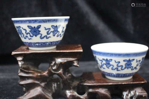 A Pair of Chinese Blue and White Porcelain Teacups