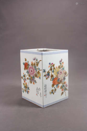 A Chinese Famille Rose Floral Porcelain Squared Brush Pot