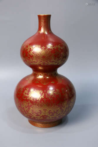 A Chinese Copper Red Gilt Porcelain Gourd-shaped Vase