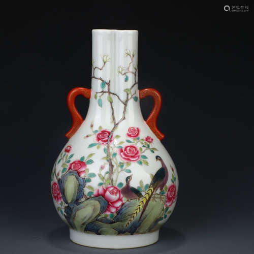 A Chinese Famille Rose Floral Porcelain Double-eared Vase