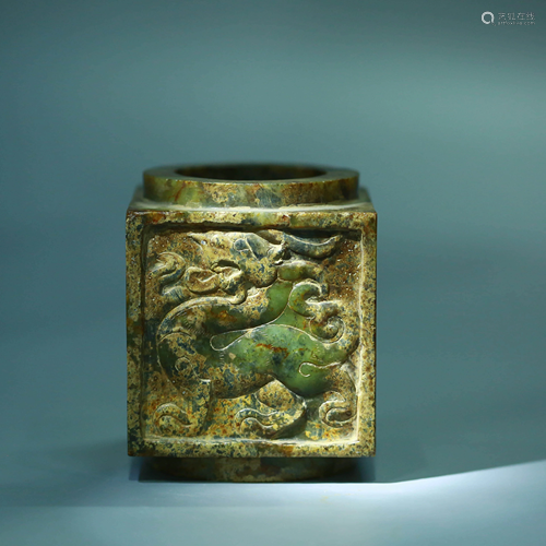 A CHINESE JADE BEAST PATTERN CONG ORNAMENT