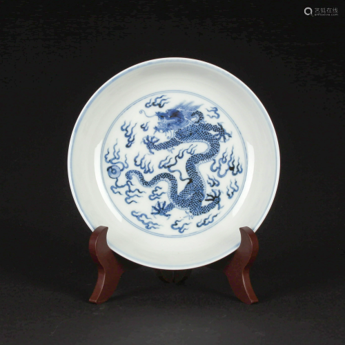 A CHINESE BLUE & WHITE DRAGON PATTERNED …