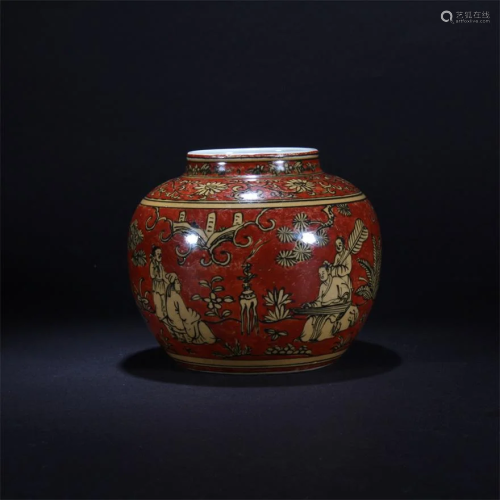 A CHINESE RED GLAZED FIGURE PAINTED PORCELAIN …