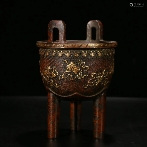 A CHINESE GILD COPPER THREE-LEGGED INCE…