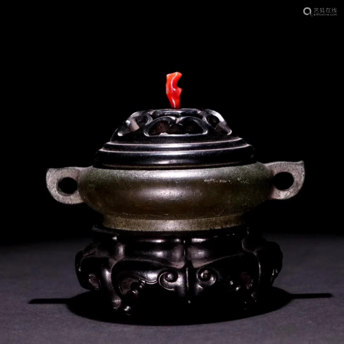 A CHINESE BRONZE DOUBLE-EARED INCENSE BUR…