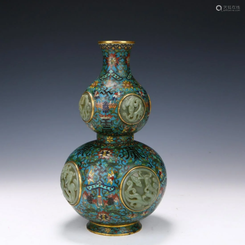 A CHINESE JADE INLAID CLOISONNE GOURD-SHAPED…