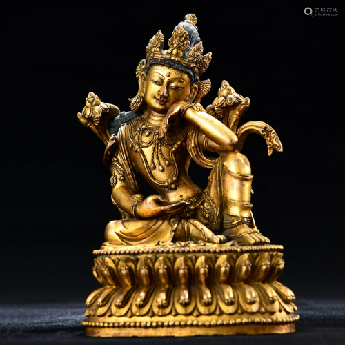 A CHINESE GILD COPPER STATUE OF THINKIN…