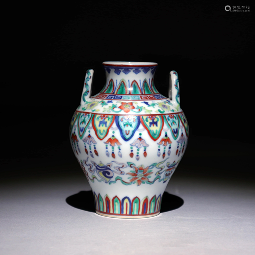 DOUCAI GLAZED FLOWER JAR WITH TWO EARS