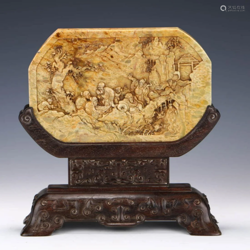 A CHINESE SHOUSHAN STONE CARVED TABLE SCREEN